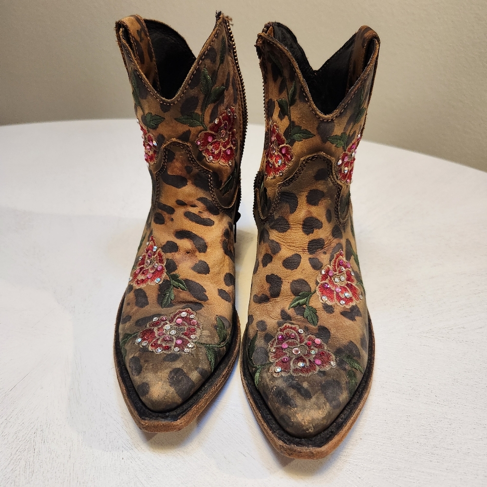 Liberty Black Flora Leopard & Rose embellished Booties, Size 8